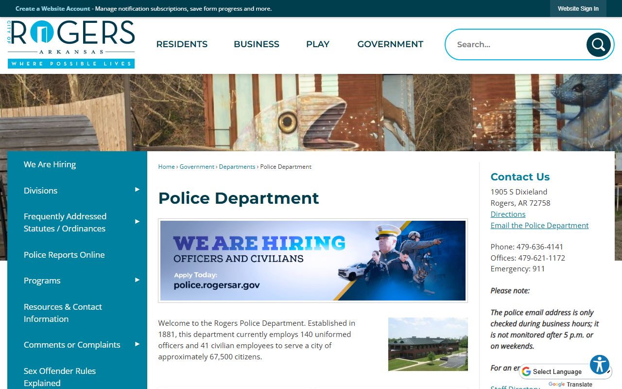 Rogers Police Department website showing records and public safety information for Rogers, Arkansas