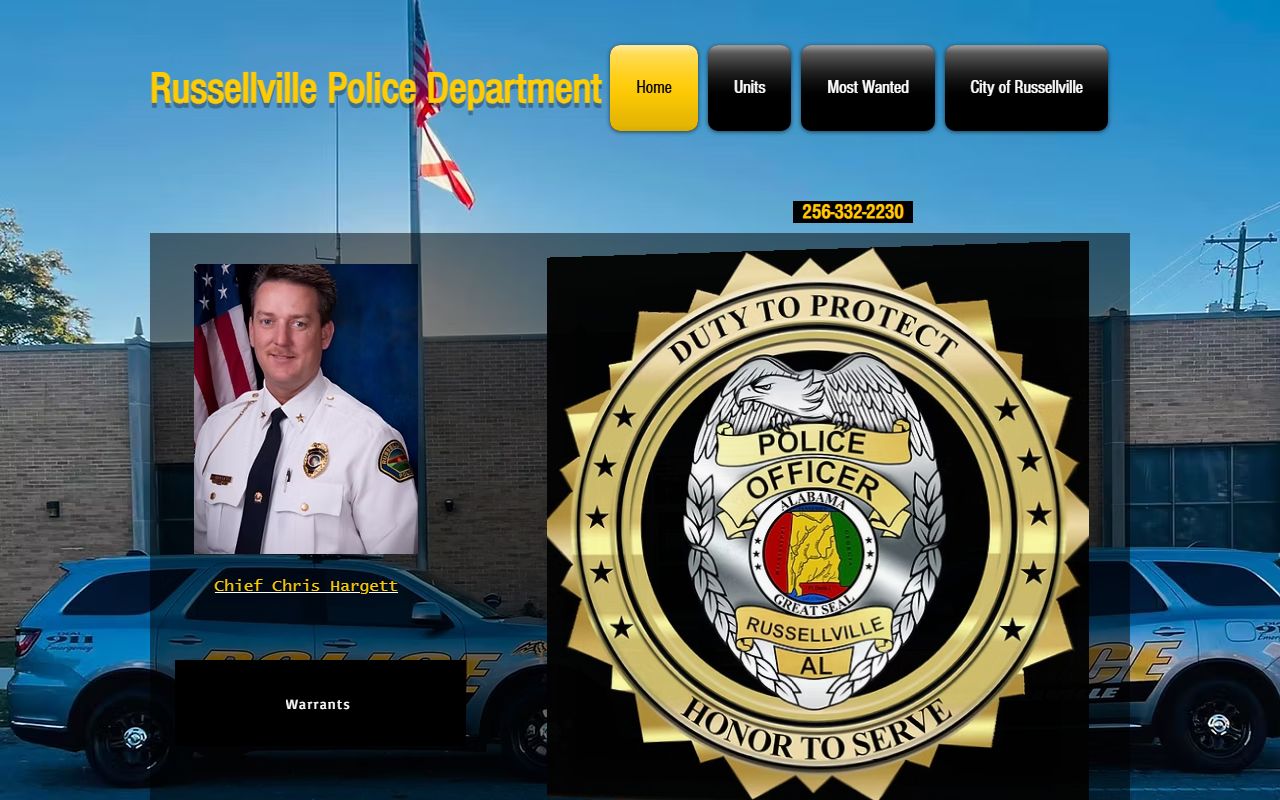 Russellville Police Department website showing records access and contact information for background checks
