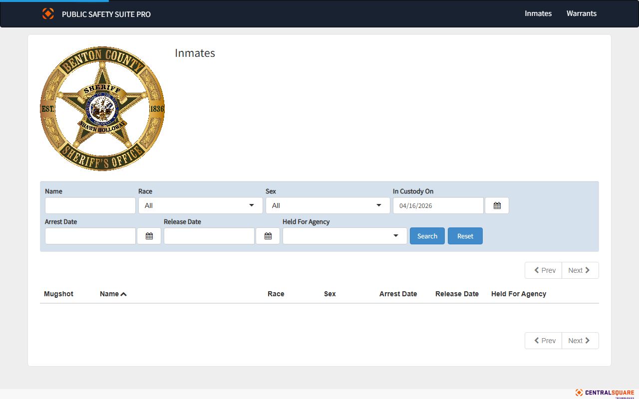 Benton County inmate roster showing current bookings and arrest records