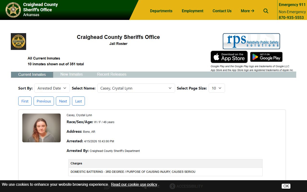 Craighead County inmate roster showing arrest records and booking information