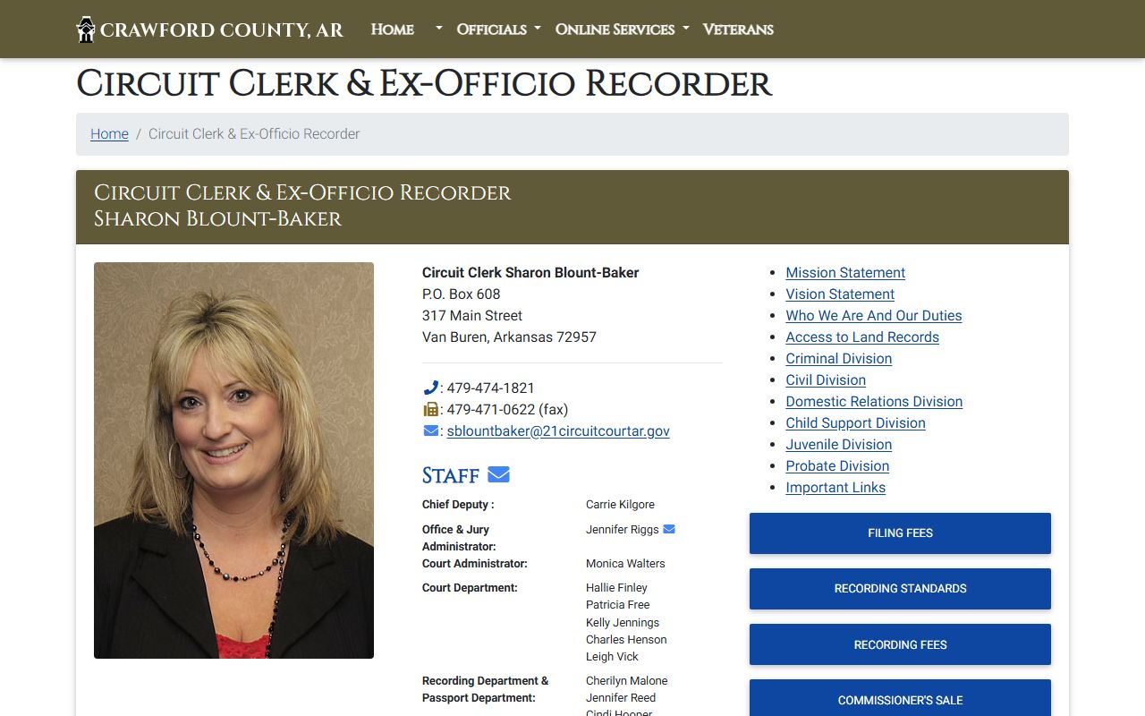 Crawford County Circuit Clerk page showing court records fees and filing information