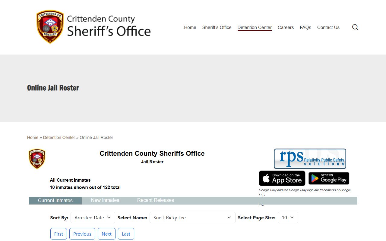 Crittenden County online jail roster showing current inmate booking records