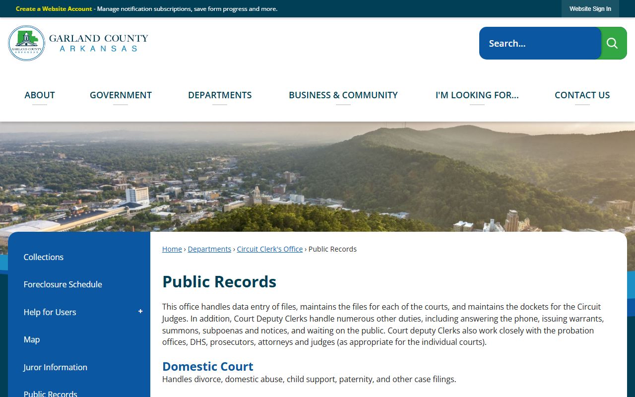 Garland County public records portal showing background check request information