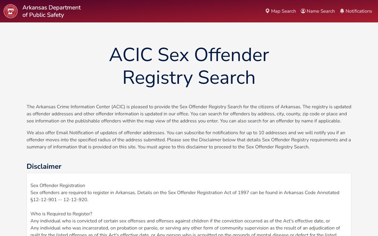 Arkansas sex offender registry public search page showing name city and county search options