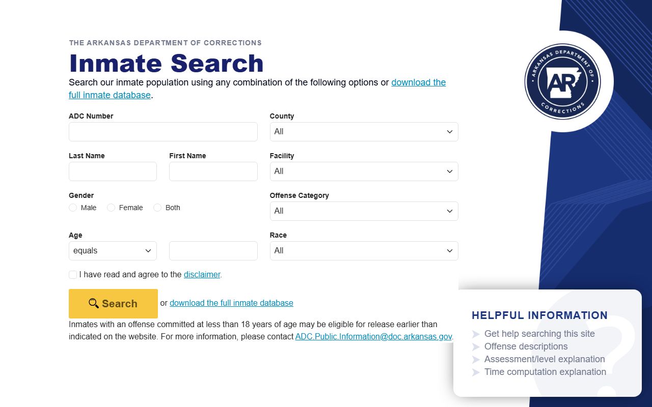 Arkansas Department of Corrections inmate search tool