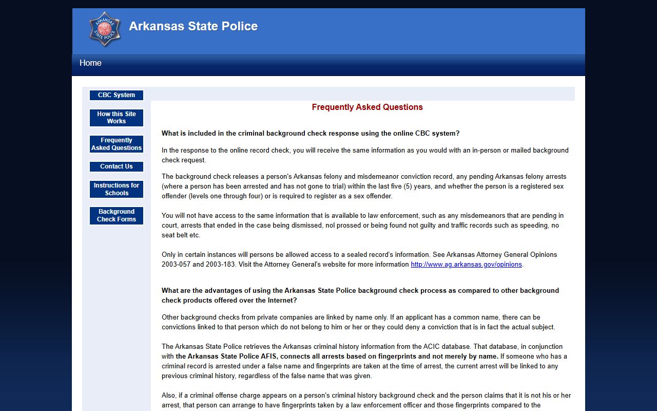 Arkansas State Police background check FAQ page showing record categories and access rules