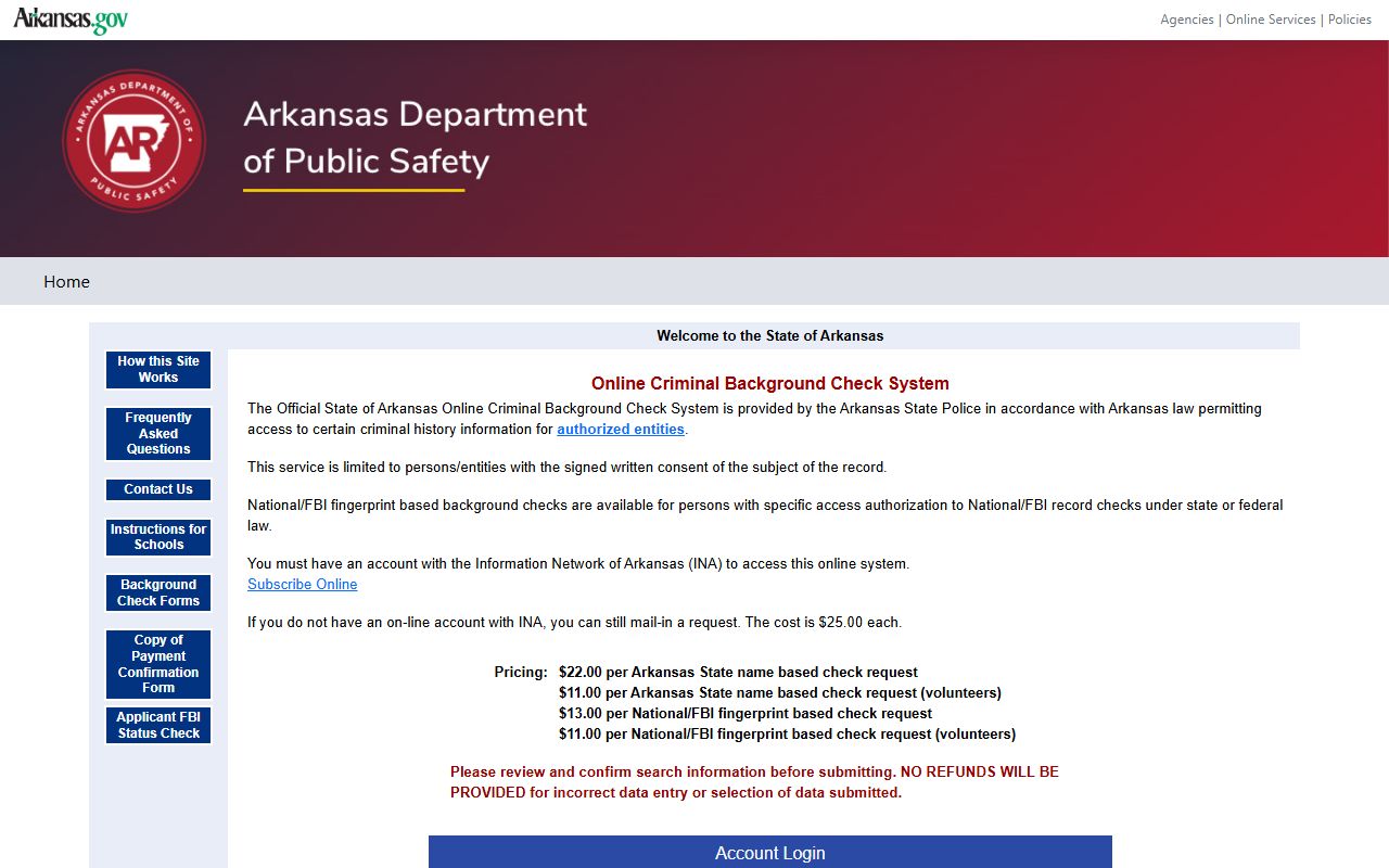 Arkansas State Police CBC background check portal main page